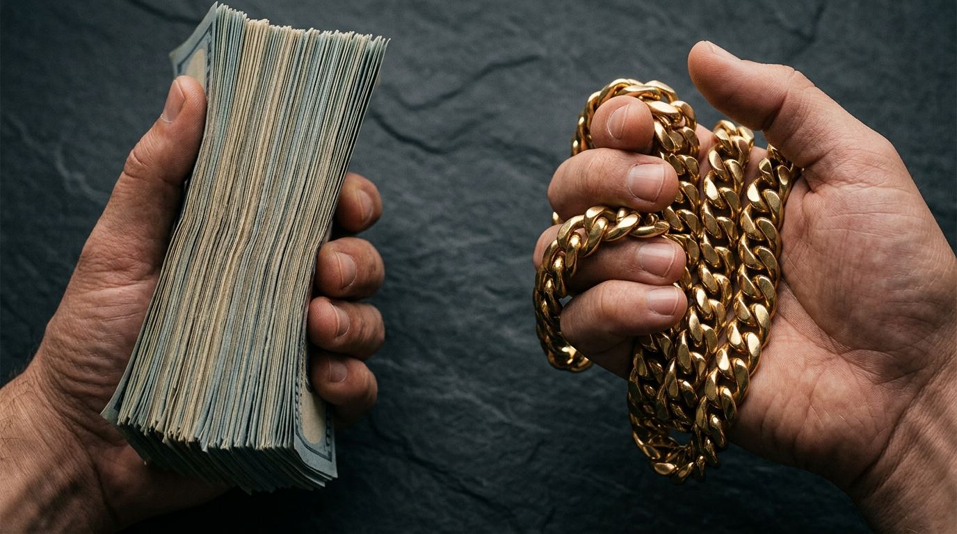 A gold chain held beside a stack of cash