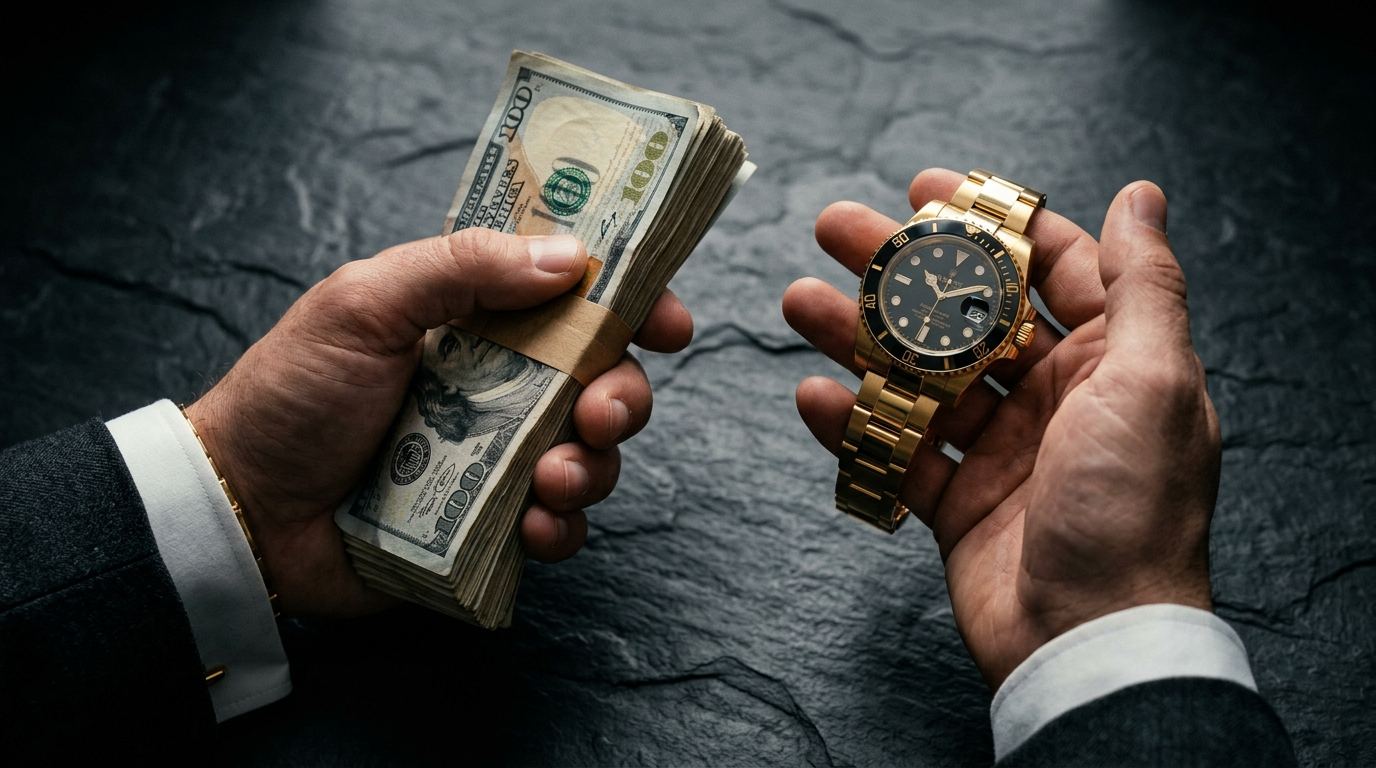 A gold watch held next to a stack of cash